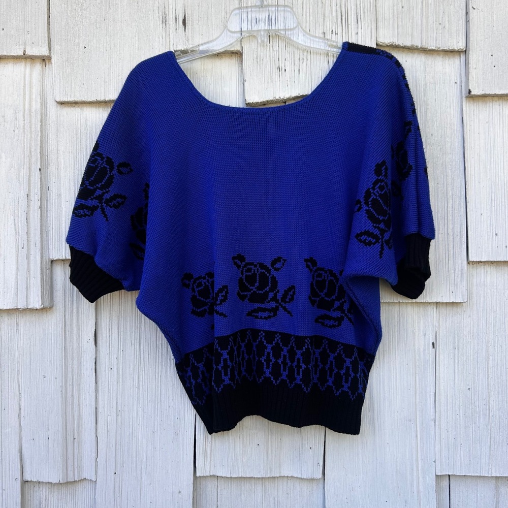 Womens Vintage Blue Black Rose Knit Sweater Dolman Sleeve M - Picture 6 of 6